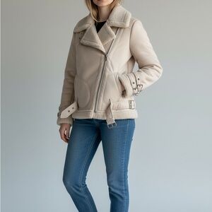 American Eagle Outfitters Moto Shearling Jacket Biker Aviator Small Beige Tan